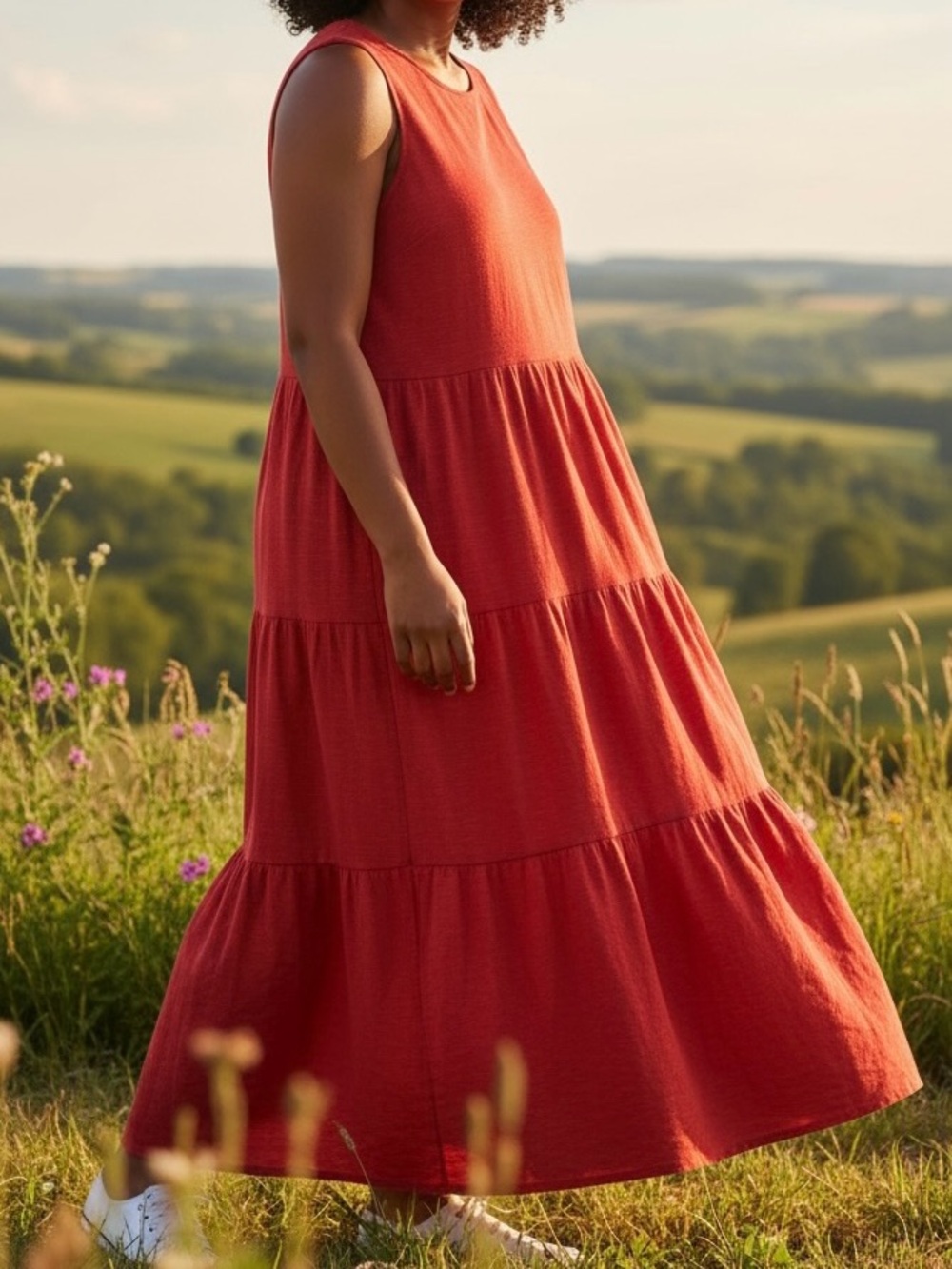 Chicos Sz. 3 Cotton Modal Sleeveless Tiered Maxi Dress in Terracotta Red